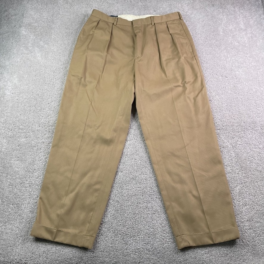 Vintage Polo Ralph Lauren Pants Mens 35x30 Tan Khaki Pleated Cuffed Polyester
